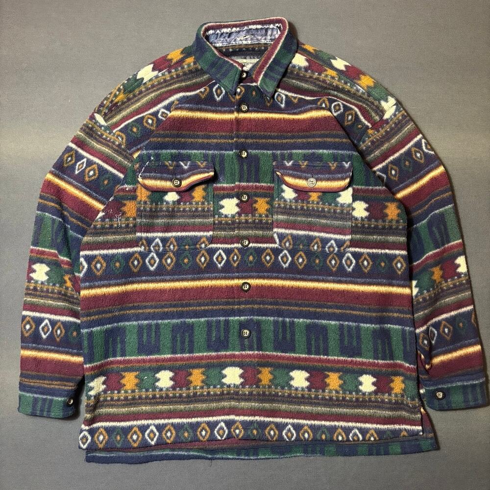 Vintage Distressed Point Zero Aztec Stripe Fleece Button Up Shirt Jacket Sz XL